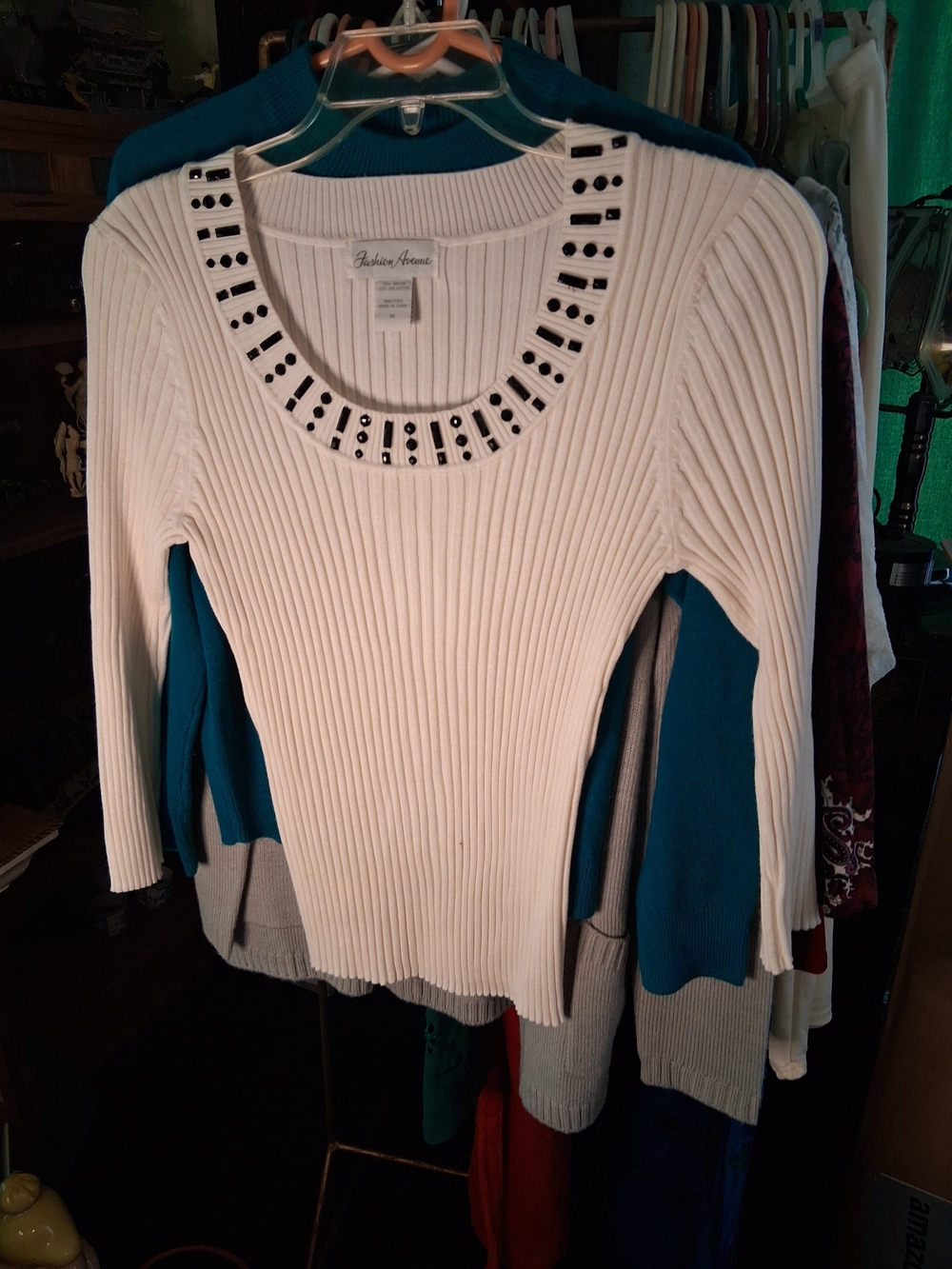 Women's Cream Ribbed Sweater with Beaded Neckline
